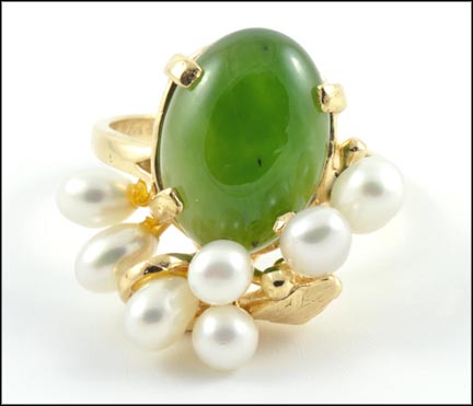 Jade and Pearl Cluster Ring in 14K Yellow Gold LARGE