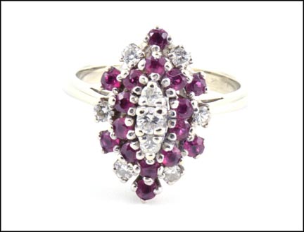 Ruby and Diamond Cluster Ring in 14K White Gold LARGE