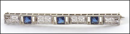 Bar Pin with Synthetic Blue Stones, 1920's Vintage in 14K White Gold MAIN