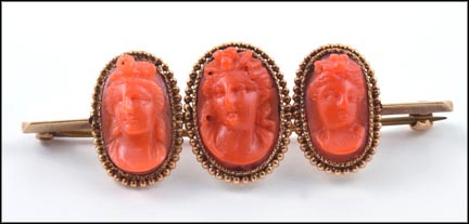 Carved Coral Bar Pin, 1880's in Yellow Gold LARGE
