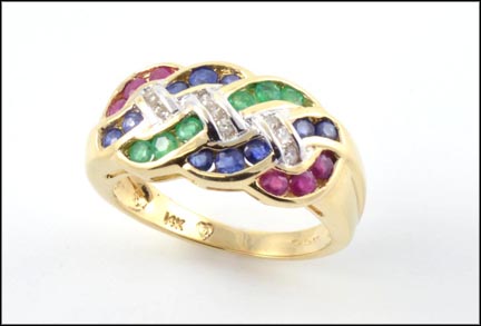 Ruby, Emerald, Diamond and Sapphire Ring in 14K Yellow Gold LARGE
