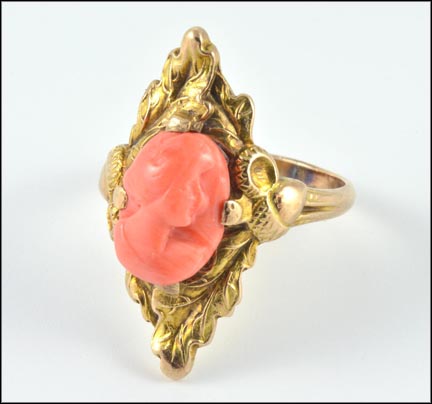 Coral Cameo Ring, circa 1925 in Yellow Gold LARGE
