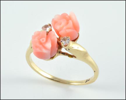 Coral Rose Ring with White Topaz in Yellow Gold LARGE