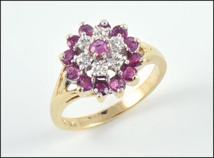 Ruby and Diamond Cluster Ring in 10K Yellow Gold LARGE