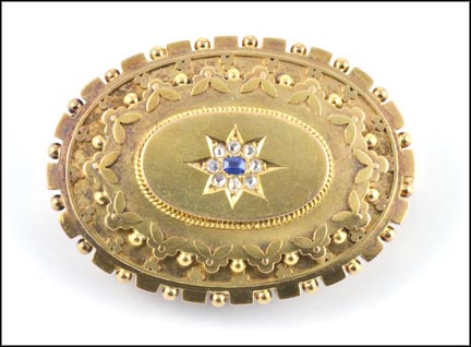 Vintage Sapphire and Diamond Pin in 15K Yellow Gold LARGE