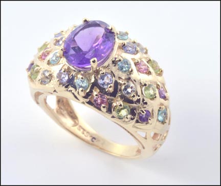 Amethyst Ring with Multi Stones in 10K Yellow Gold LARGE