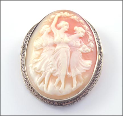 Three Graces Cameo 1925-30 Pin or Pendant in 14K White Gold LARGE