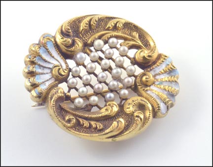 Enameled Victorian 1885 Pearl Watch Pin in Yellow Gold LARGE