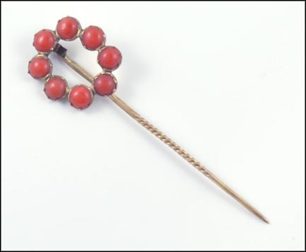 Vintage 1840-50 Coral Stickpin in Rose Gold LARGE