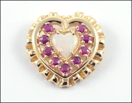 Opal and Ruby Heart Pendant  in 14K Yellow Gold LARGE