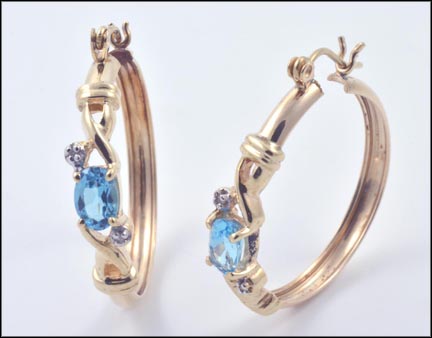 Blue Topaz Hoop Earrings in 10K Yellow Gold LARGE