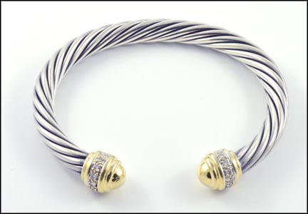 Yurman Cable Bracelet with Diamonds in Sterling Silver and 18K Yellow Gold LARGE