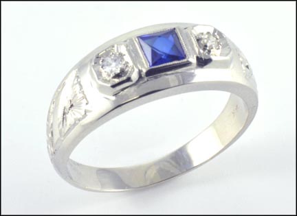 Vintage Band with Blue Sapphire and Synthetic Stones in 14K White Gold MAIN