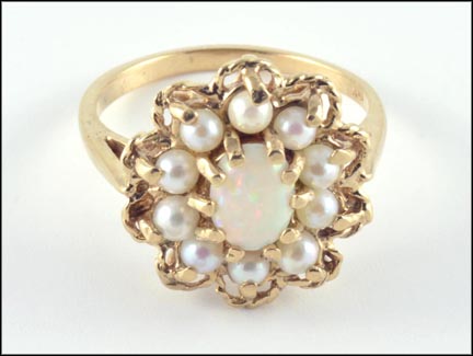 Opal and Pearl Cluster Ring in 10K Yellow Gold LARGE