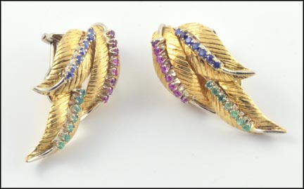 Non Pierced Ruby, Emerald and Sapphire Earrings in Yellow Gold LARGE