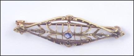 Vintage 1915 Pin with Sapphire in 14K Yellow Gold LARGE