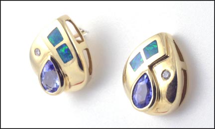 Tanzanite Earrings with Opal Inlay in 14K Yellow Gold MAIN