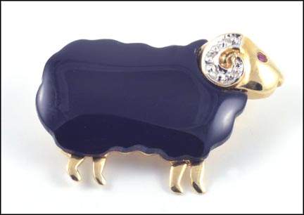 Ram Pin with Ruby Eye and Diamond Horn in 14K Yellow Gold LARGE