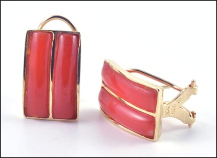 Omega Back Coral Earrings in 14K Yellow Gold LARGE
