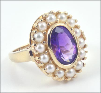 Amethyst and Pearl Ring in 14K Yellow Gold LARGE