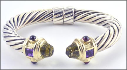 David Yurman Gemstone Hinged Cuff Bracelet in Sterling Silver and 14K Yellow Gold LARGE