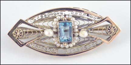 Vintage Topaz and Seed Pearl Pin in 10K Yellow Gold LARGE