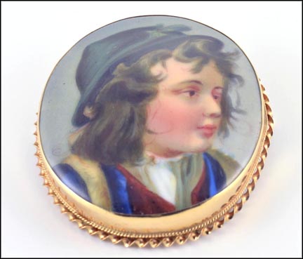 Hand Painted Porcelain Pin in Yellow Gold LARGE