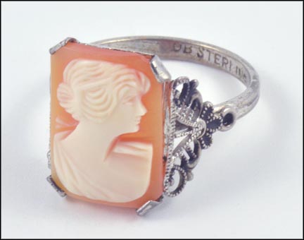 1930's Cameo Filigree Ring in Sterling Silver LARGE
