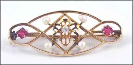 Vintage Seed Pearl and Synthetic Ruby Pin in 14K Yellow Gold LARGE