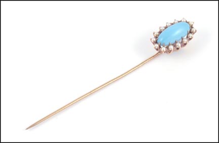 Turquoise and Seed Pearl Stickpin in Yellow Gold LARGE