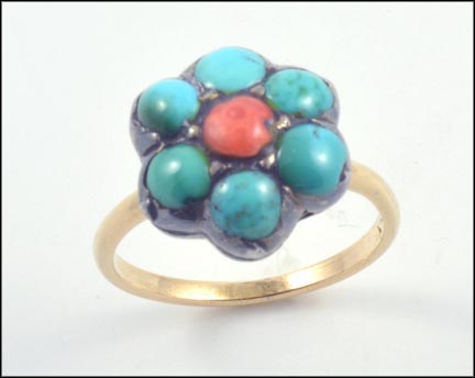 Turquoise and Coral Cluster Ring in 14K Yellow Gold and Silver LARGE