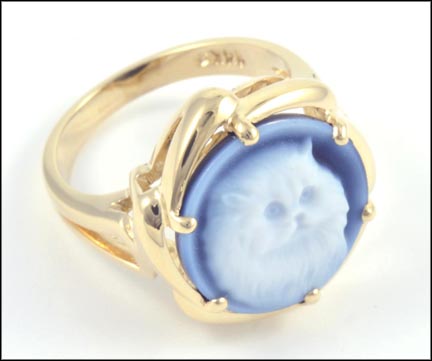 Blue Agate Cat Cameo Ring in 14K Yellow Gold LARGE