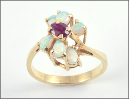 Opal Cluster Ring with Ruby in 14K Yellow Gold MAIN