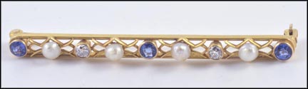 Vintage Sapphire, Pearl and Diamond Bar Pin in 14K Yellow Gold LARGE