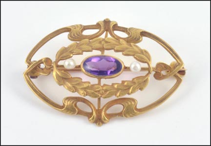 Vintage Cabochon Amethyst and Pearl Pin in 10K Yellow Gold LARGE