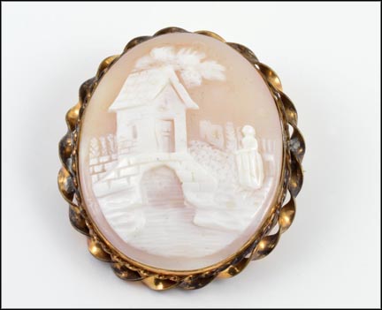 Bridge Scene Cameo Brooch in Gold Filled LARGE