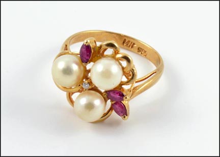 Pearl and Ruby Cluster Ring in 14K Yellow Gold LARGE