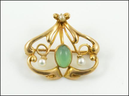 Green Stone and Pearl Watch Pin in 10K Yellow Gold LARGE