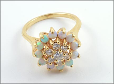 Opal and Diamond Cluster Ring in 14K Yellow Gold LARGE