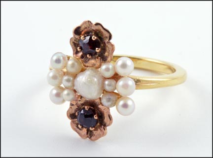 Seed Pearls and Red Stone Ring in 14K Yellow Gold LARGE