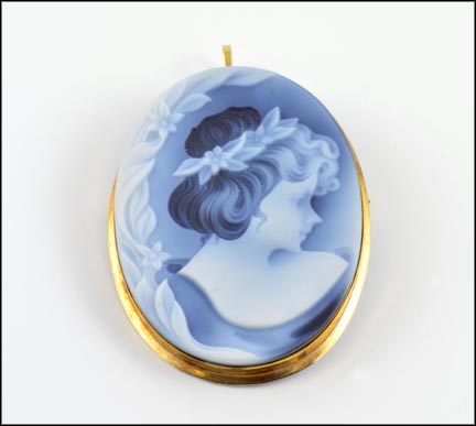 Blue Agate Laser Cut Cameo in 18K Yellow Gold LARGE