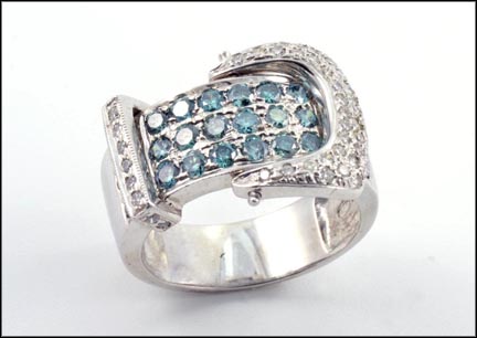 Blue and White Diamond Buckle Ring in 14K White Gold LARGE