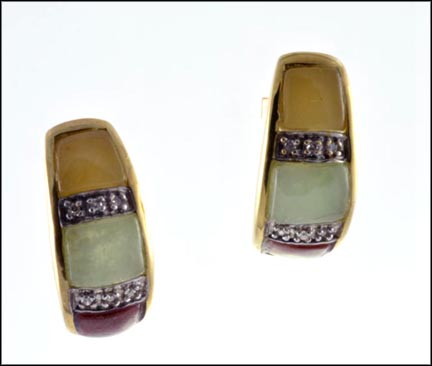 Tri-Color Jade Earrings J Hoop in 10K Yellow Gold LARGE