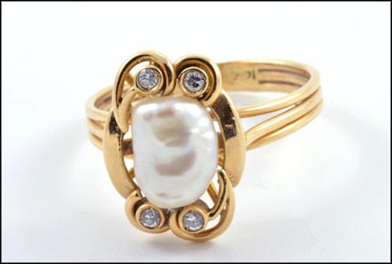 Freshwater Pearl Ring with Diamonds in 14K Yellow Gold LARGE