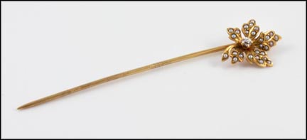 Leaf Stick Pin with Seed Pearls in Yellow Gold LARGE