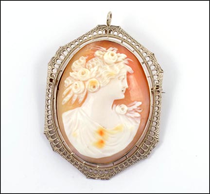 1930's Cameo Brooch or Pendant in 10K White Gold MAIN