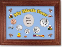 My Birth Year Coin Gift Set with a blue background and cherry frame THUMBNAIL