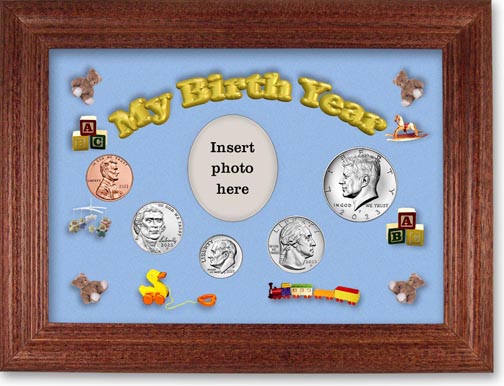 My Birth Year Coin Gift Set with blue background and cherry frame LARGE
