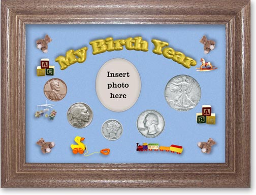 1934 My Birth Year Coin Gift Set with a blue background and dark oak frame LARGE