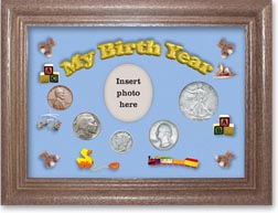 1934 My Birth Year Coin Gift Set with a blue background and dark oak frame THUMBNAIL